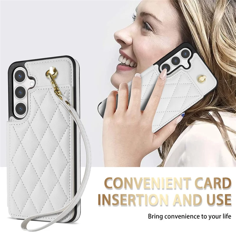 For Samsung Galaxy S26 Case with Wrist Strap Card Slots Rhombus Leather + TPU Phone Cover - White