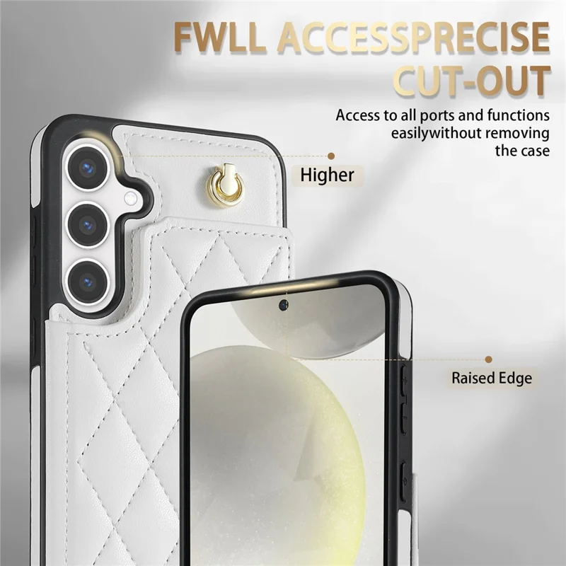 For Samsung Galaxy S26 Case with Wrist Strap Card Slots Rhombus Leather + TPU Phone Cover - White