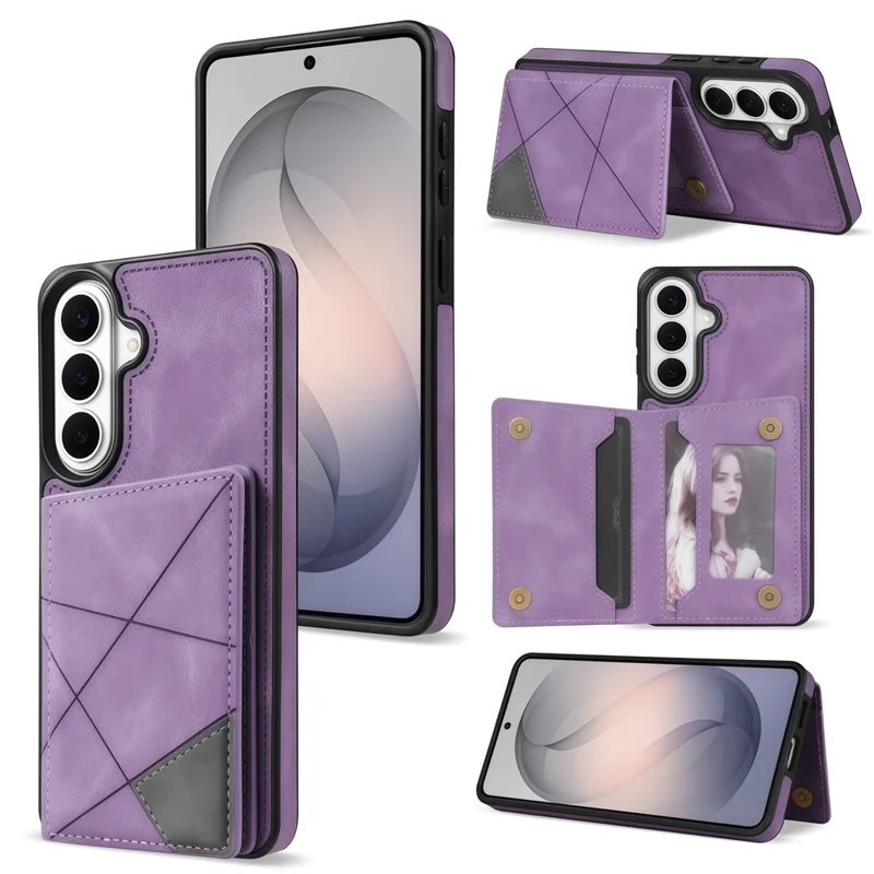 For Samsung Galaxy S26 Case Line Imprinted Color Splicing Leather Phone Cover - Purple