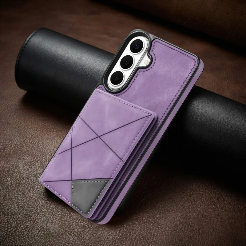 For Samsung Galaxy S26 Case Line Imprinted Color Splicing Leather Phone Cover - Purple