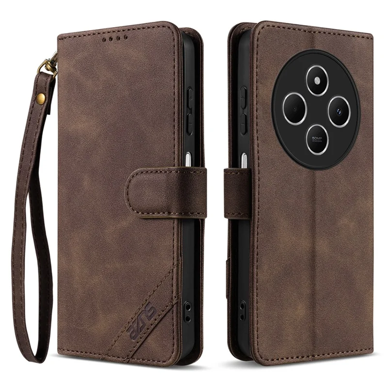 AZNS A2 Leather Case for Xiaomi Redmi 14C 4G  /  14R 5G  /  Poco C75 4G with Wrist Strap RFID Blocking Wallet Stand Phone Cover - Brown