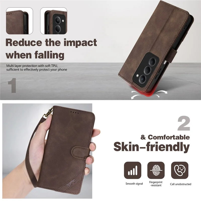 AZNS A2 for Xiaomi Redmi 15 4G (EU) (171mm) Leather Case with Wrist Strap RFID Blocking Wallet Stand Phone Cover - Brown
