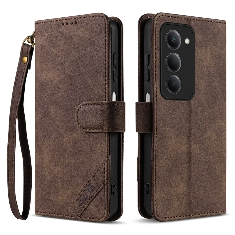 AZNS A2 for Xiaomi Redmi 15 5G (Global) (169mm) Leather Case with Wrist Strap RFID Blocking Wallet Stand Phone Cover - Brown
