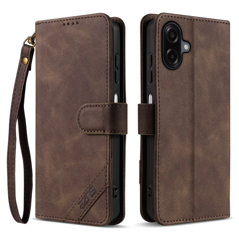AZNS A2 for Samsung Galaxy A07 4G Leather Case with Wrist Strap RFID Blocking Wallet Stand Phone Cover - Brown