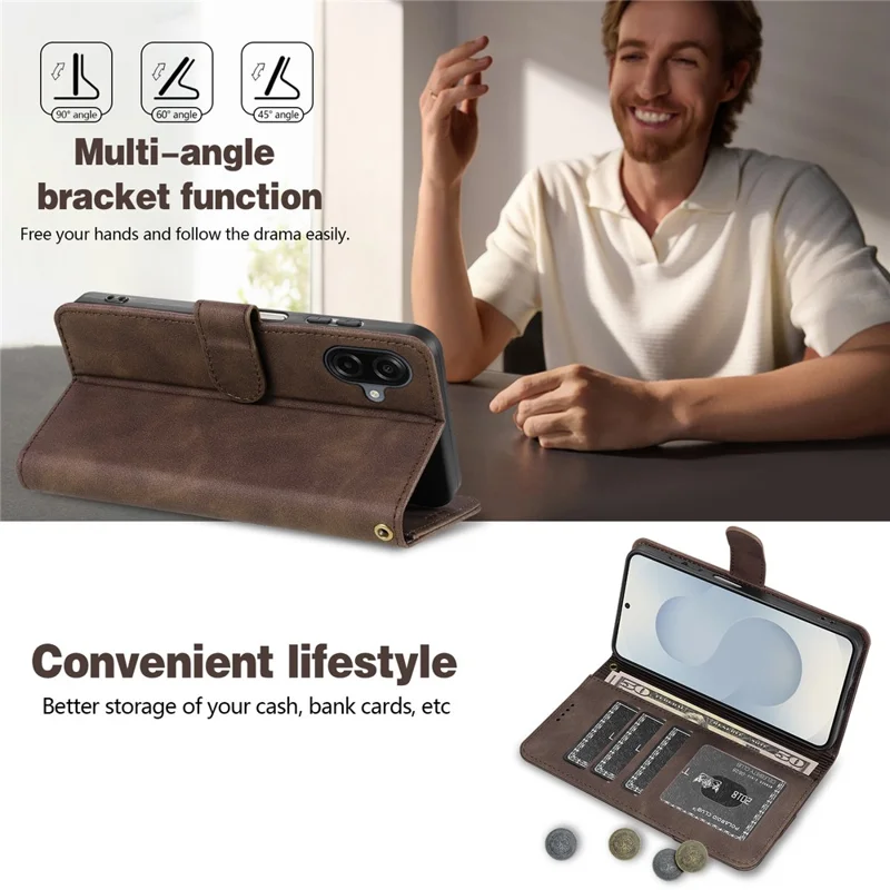 AZNS A2 for Samsung Galaxy A07 4G Leather Case with Wrist Strap RFID Blocking Wallet Stand Phone Cover - Brown