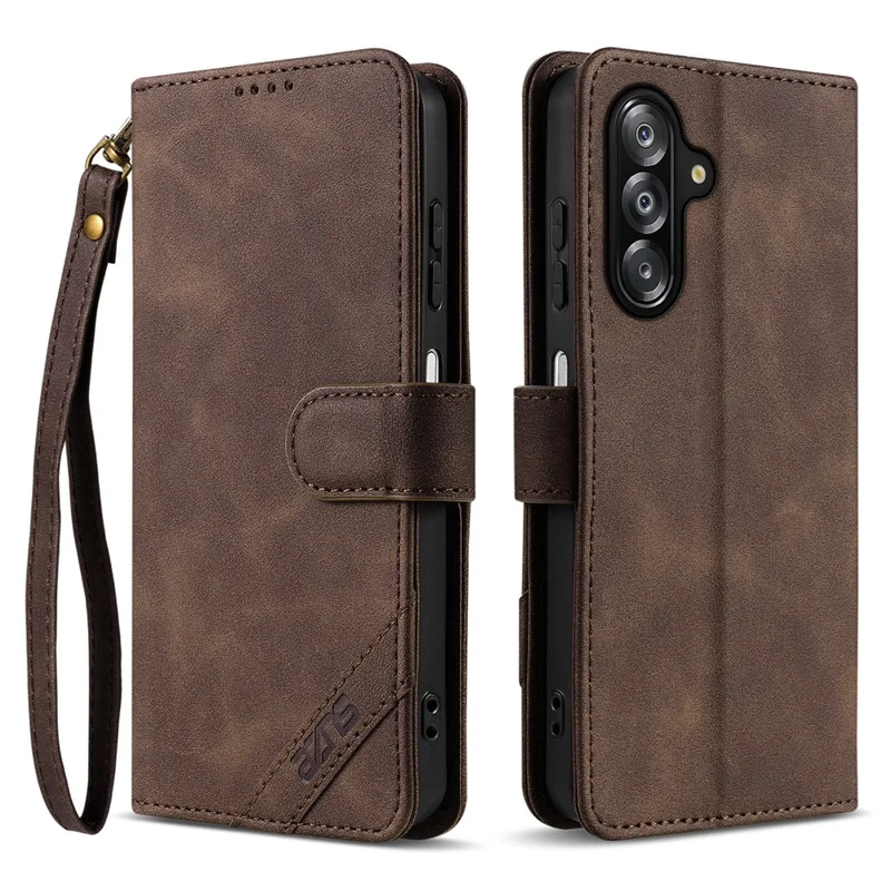 AZNS A2 for Samsung Galaxy A16 4G / A16 5G Leather Case with Wrist Strap RFID Blocking Wallet Stand Phone Cover - Brown
