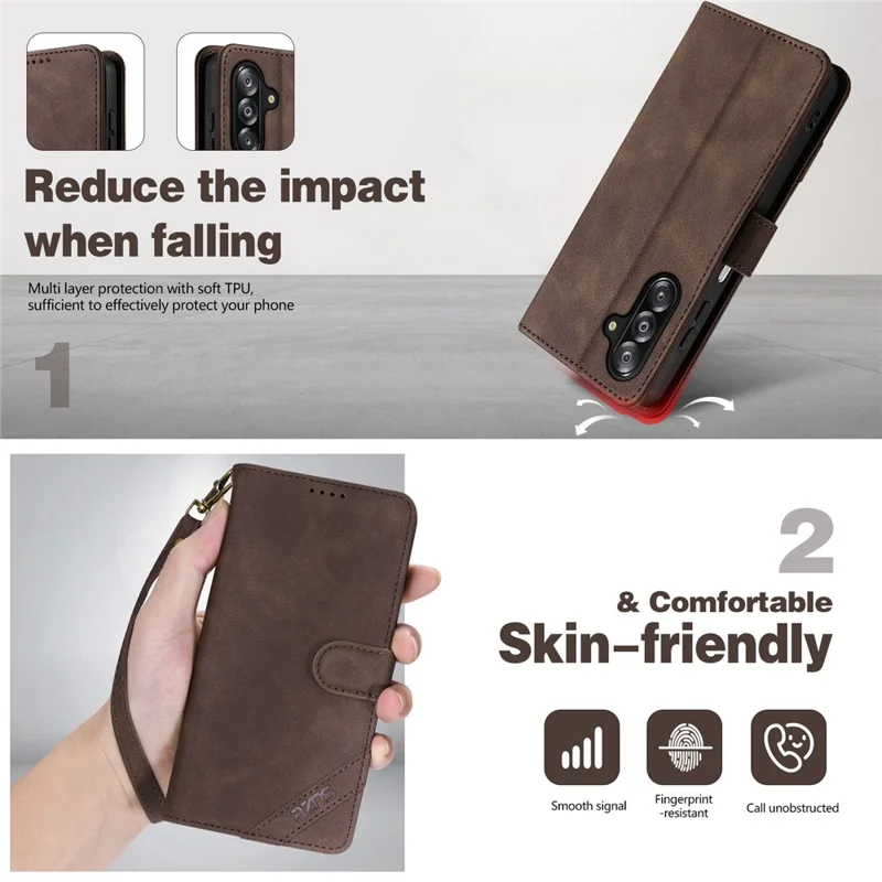 AZNS A2 for Samsung Galaxy A16 4G / A16 5G Leather Case with Wrist Strap RFID Blocking Wallet Stand Phone Cover - Brown