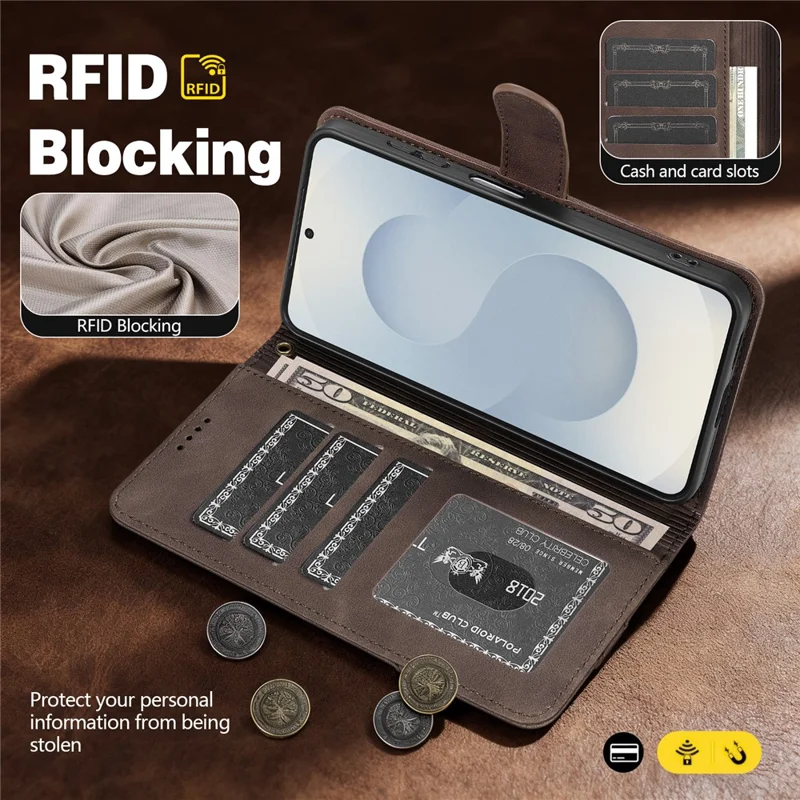 AZNS A2 for Samsung Galaxy A26 5G Leather Case with Wrist Strap RFID Blocking Wallet Stand Phone Cover - Brown