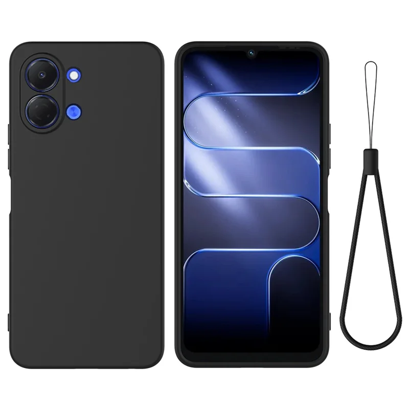 For TECNO Pop 20 4G Liquid Silicone Case Phone Back Cover with Hand Strap - Black