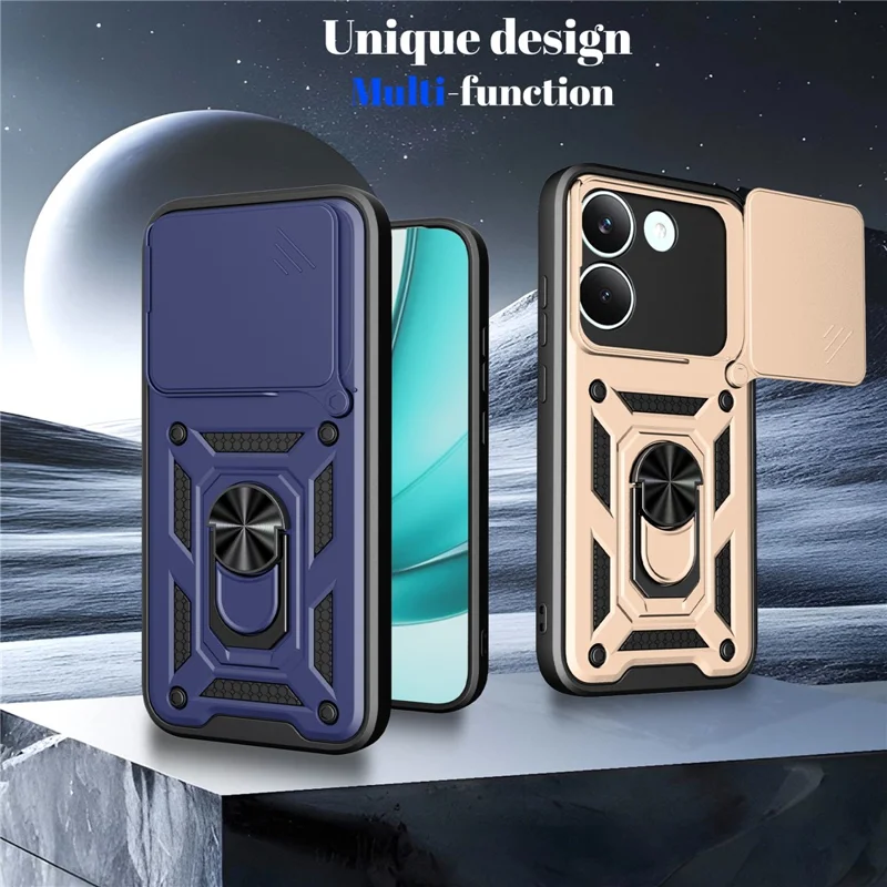 For Xiaomi Poco X8 Pro 5G Case with Slide Camera Lid PC + TPU Kickstand Phone Cover - Rose Gold