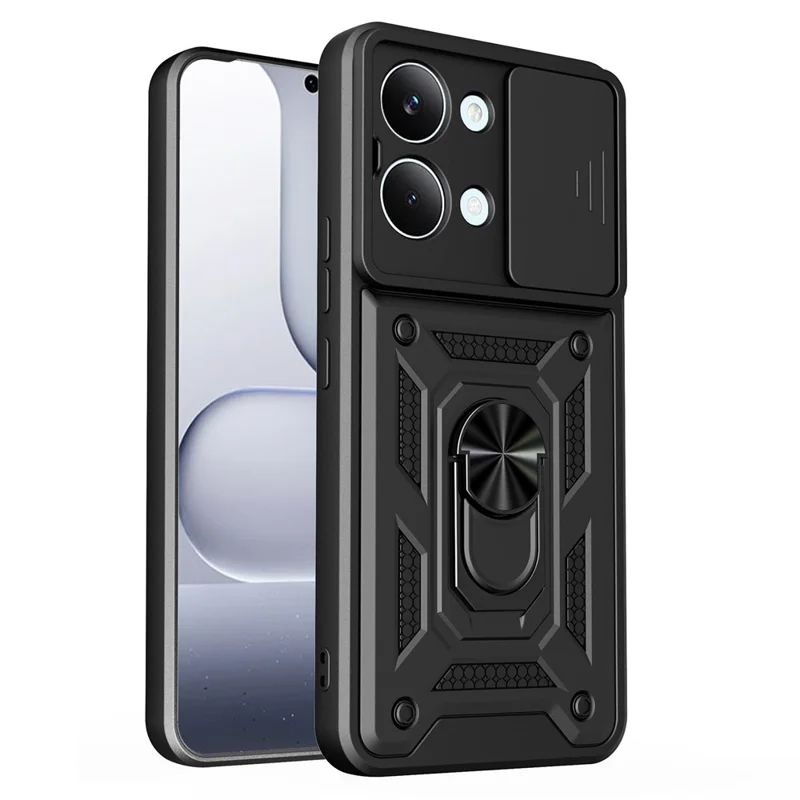 Coque pour Xiaomi Poco X8 Pro Max 5G avec couvercle coulissant pour appareil photo, coque de téléphone avec support pivotant en PC + TPU - Noir