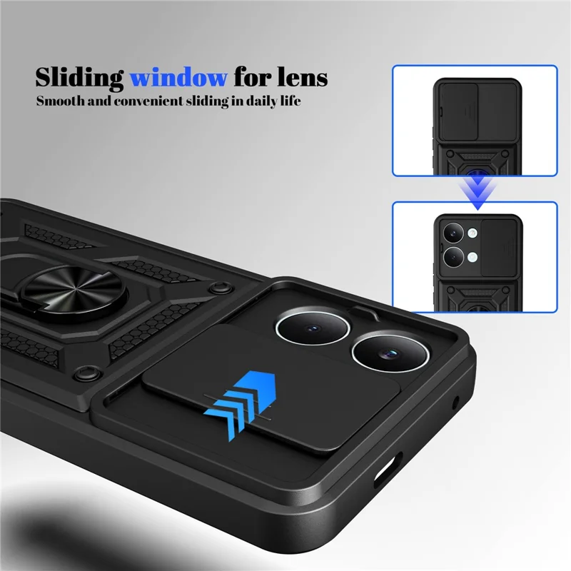 Coque pour Xiaomi Poco X8 Pro Max 5G avec couvercle coulissant pour appareil photo, coque de téléphone avec support pivotant en PC + TPU - Noir