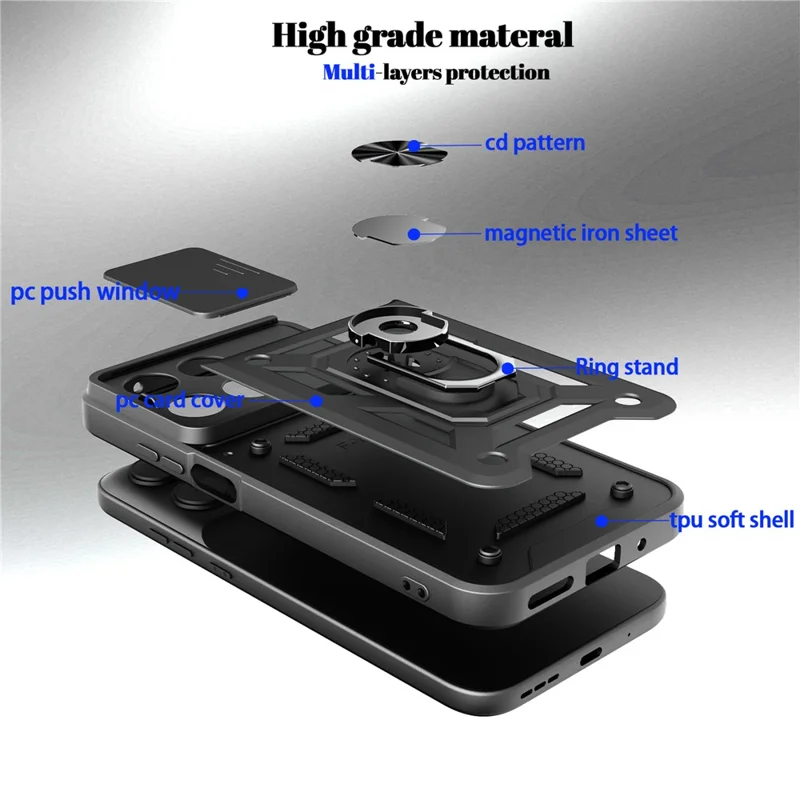 Coque pour Xiaomi Poco X8 Pro Max 5G avec couvercle coulissant pour appareil photo, coque de téléphone avec support pivotant en PC + TPU - Noir