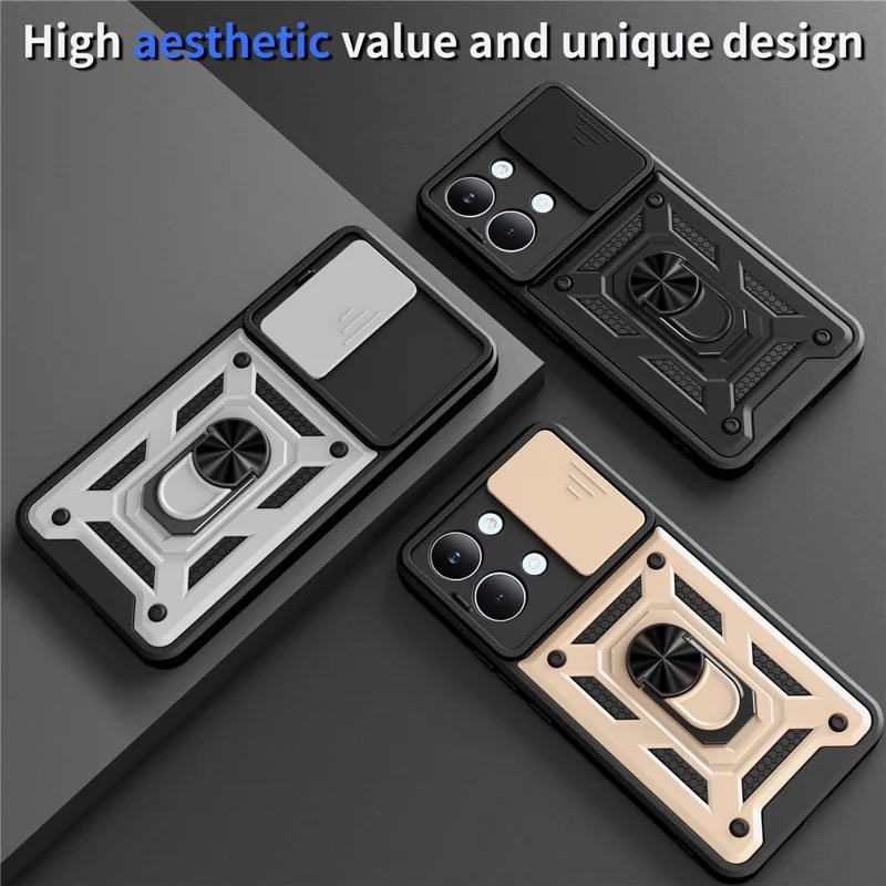 Coque pour Xiaomi Poco X8 Pro Max 5G avec couvercle coulissant pour appareil photo, coque de téléphone avec support pivotant en PC + TPU - Noir