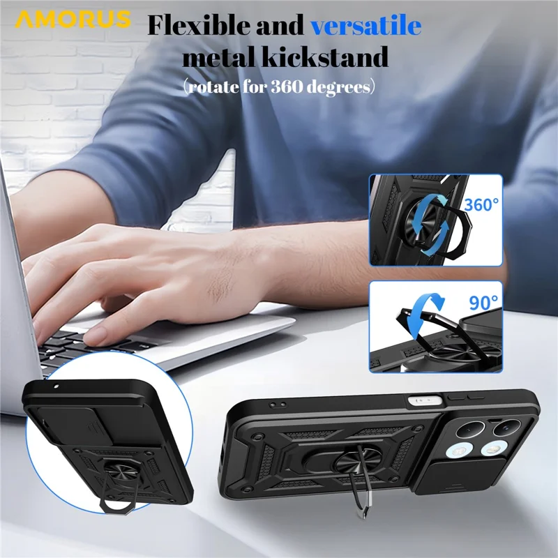 AMORUS Coque pour Xiaomi Poco X8 Pro Max 5G Support PC + TPU avec Couvercle de Lentille de Caméra coulissant - Noir