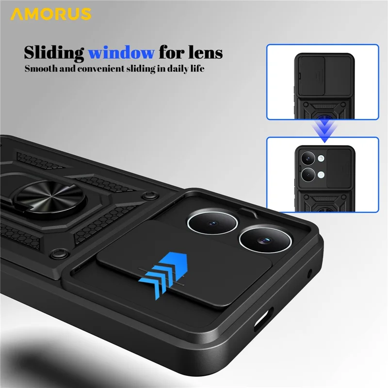 AMORUS Coque pour Xiaomi Poco X8 Pro Max 5G Support PC + TPU avec Couvercle de Lentille de Caméra coulissant - Noir