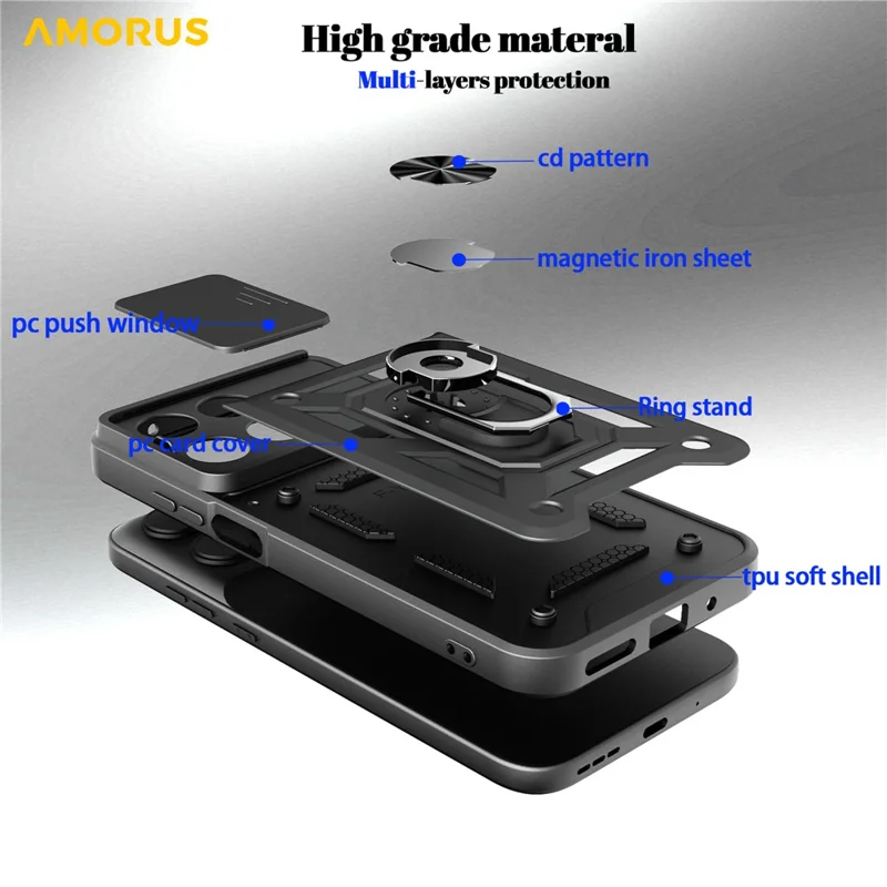 AMORUS Coque pour Xiaomi Poco X8 Pro Max 5G Support PC + TPU avec Couvercle de Lentille de Caméra coulissant - Noir