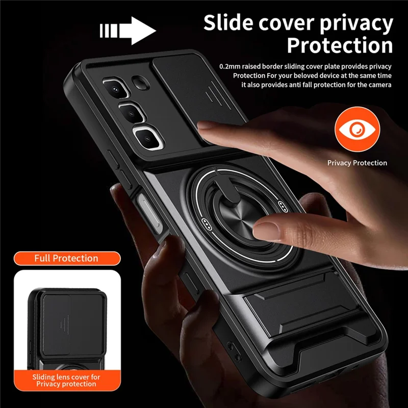 Magnetic Case For Infinix Hot 70 Ring Holder Foldable Kickstand TPU PC Phone Cover with Camera Lens Slider - Black