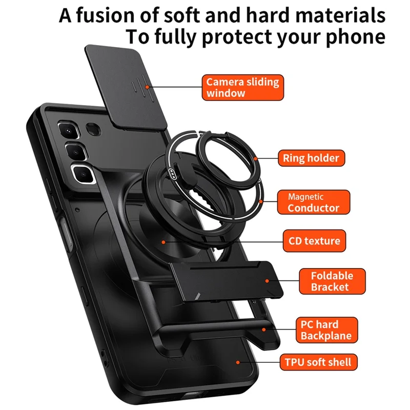 Magnetic Case For Infinix Hot 70 Ring Holder Foldable Kickstand TPU PC Phone Cover with Camera Lens Slider - Black