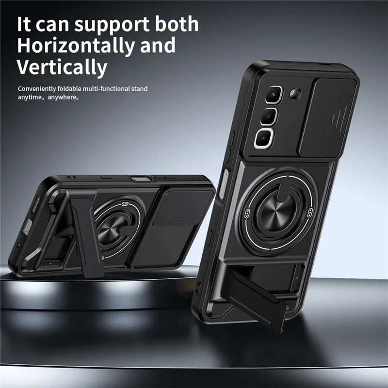 Magnetic Case For Infinix Hot 70 Ring Holder Foldable Kickstand TPU PC Phone Cover with Camera Lens Slider - Black