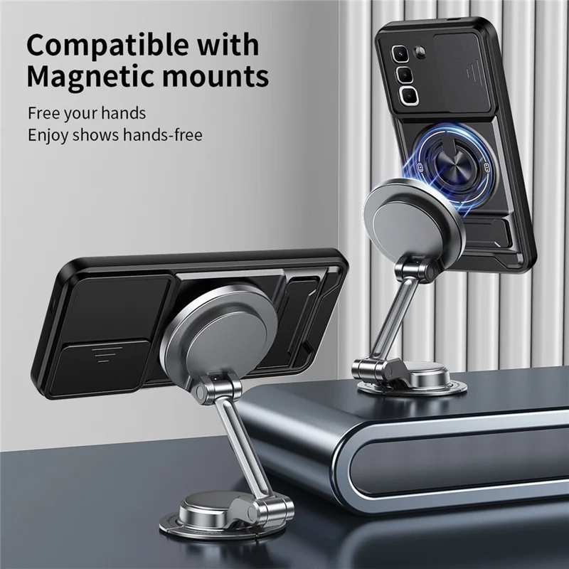 Magnetic Case For Infinix Hot 70 Ring Holder Foldable Kickstand TPU PC Phone Cover with Camera Lens Slider - Black