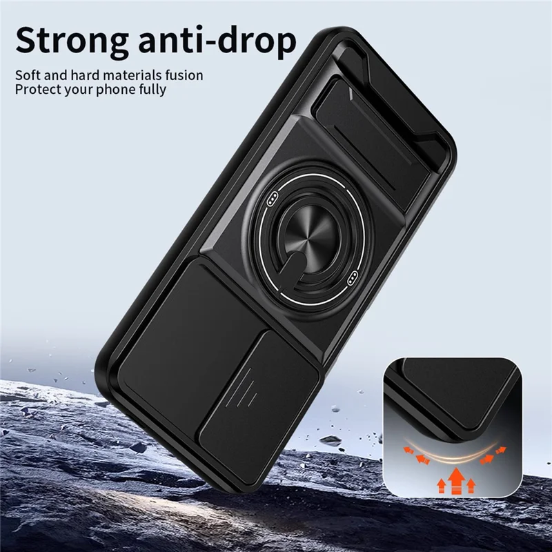 Magnetic Case For Infinix Hot 70 Ring Holder Foldable Kickstand TPU PC Phone Cover with Camera Lens Slider - Black