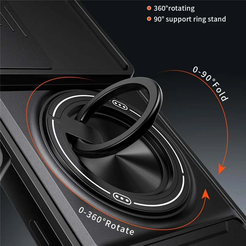 Magnetic Case For Infinix Hot 70 Ring Holder Foldable Kickstand TPU PC Phone Cover with Camera Lens Slider - Black