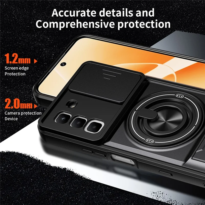 Magnetic Case For Infinix Hot 70 Ring Holder Foldable Kickstand TPU PC Phone Cover with Camera Lens Slider - Black