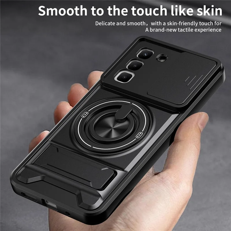 Magnetic Case For Infinix Hot 70 Ring Holder Foldable Kickstand TPU PC Phone Cover with Camera Lens Slider - Black