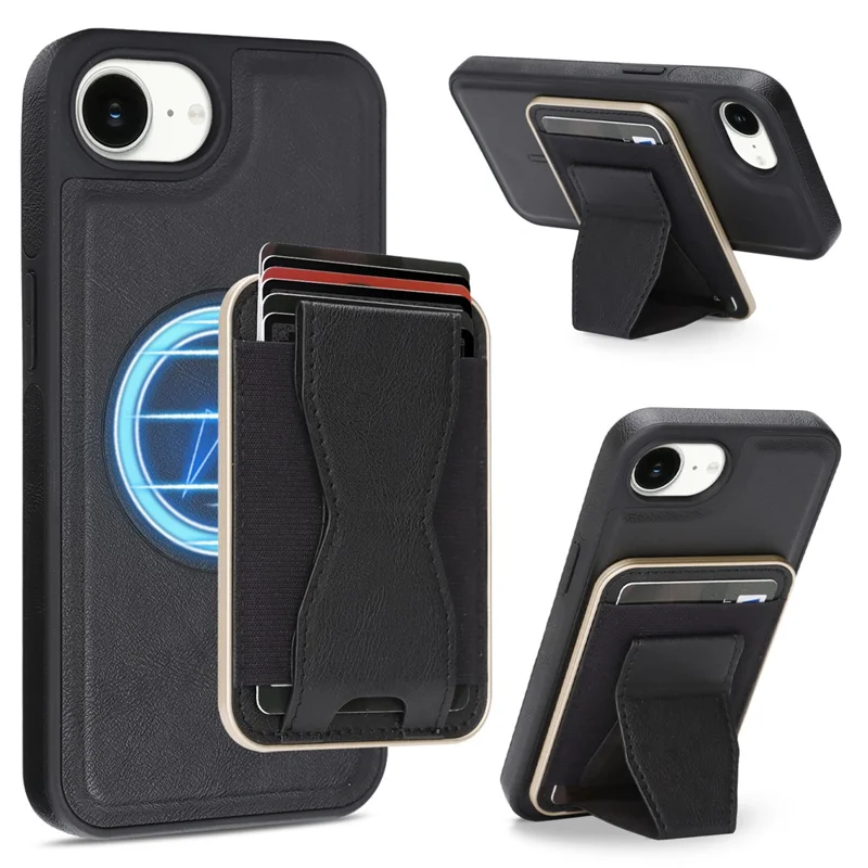 For iPhone 16e  /  17e Magnetic Case with Detachable Card Holder Kickstand TPU + PU Back Cover Compatible with MagSafe - Black