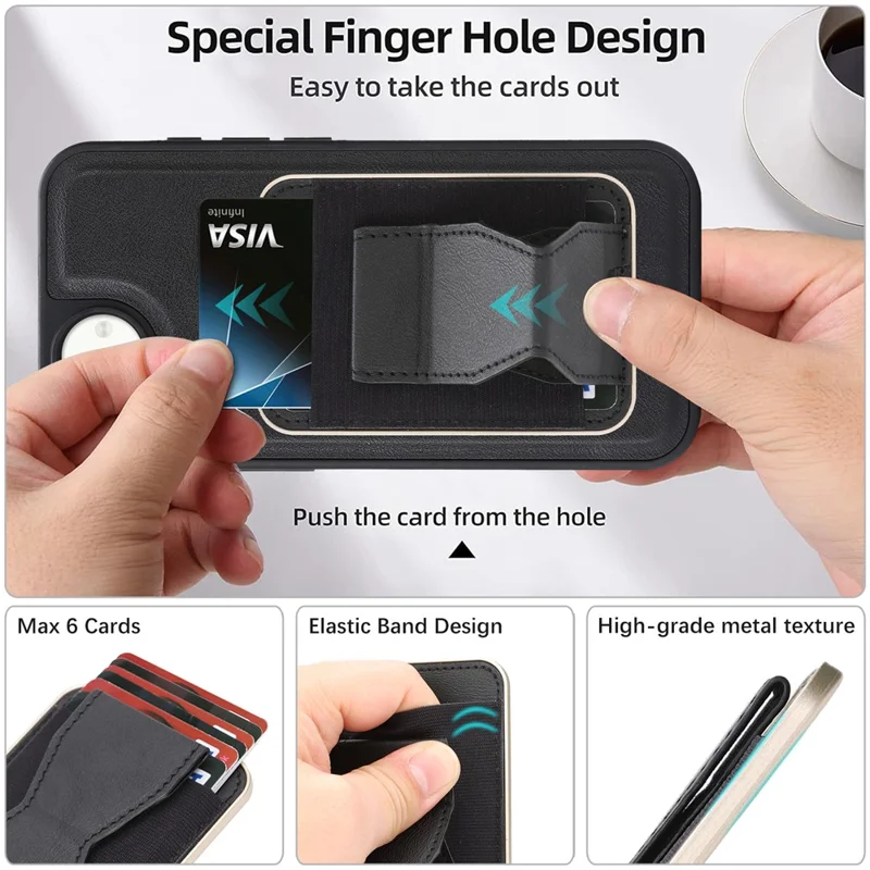 For iPhone 16e  /  17e Magnetic Case with Detachable Card Holder Kickstand TPU + PU Back Cover Compatible with MagSafe - Black