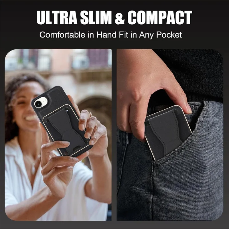 For iPhone 16e  /  17e Magnetic Case with Detachable Card Holder Kickstand TPU + PU Back Cover Compatible with MagSafe - Black