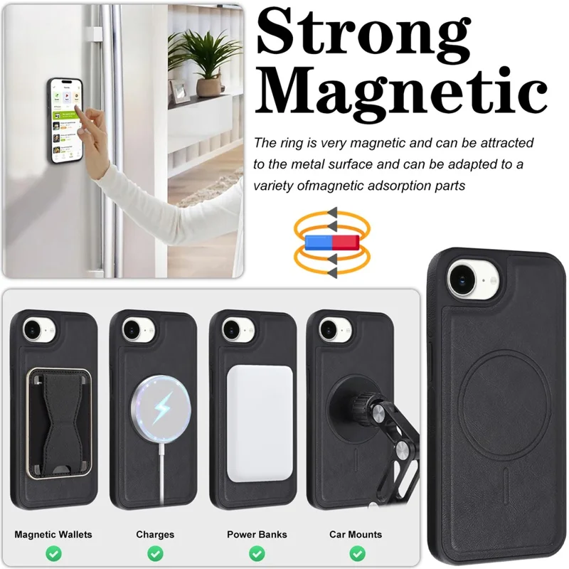 For iPhone 16e  /  17e Magnetic Case with Detachable Card Holder Kickstand TPU + PU Back Cover Compatible with MagSafe - Black