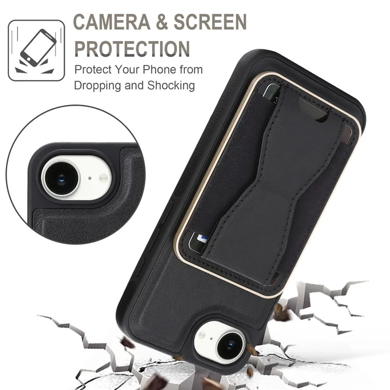 For iPhone 16e  /  17e Magnetic Case with Detachable Card Holder Kickstand TPU + PU Back Cover Compatible with MagSafe - Black