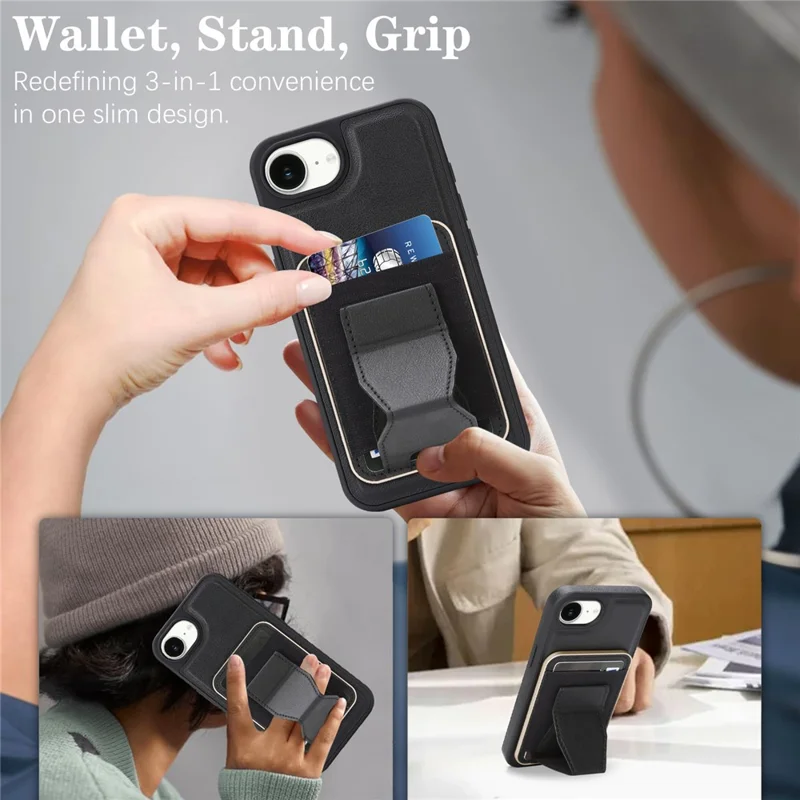 For iPhone 16e  /  17e Magnetic Case with Detachable Card Holder Kickstand TPU + PU Back Cover Compatible with MagSafe - Black