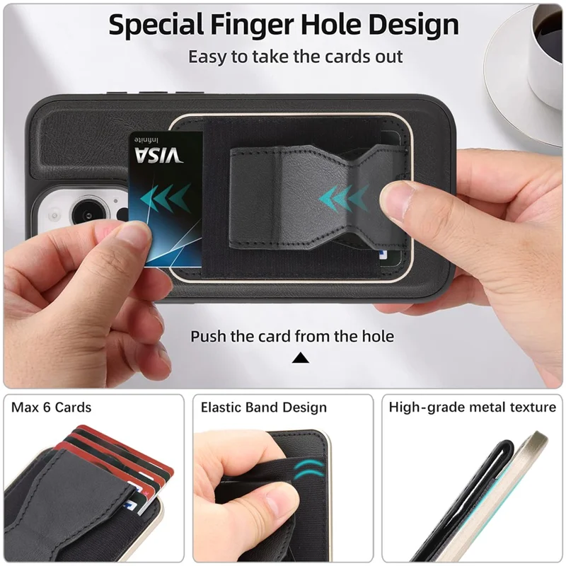For iPhone 16 Pro Max Magnetic Case with Detachable Card Holder Kickstand TPU + PU Back Cover Compatible with MagSafe - Black