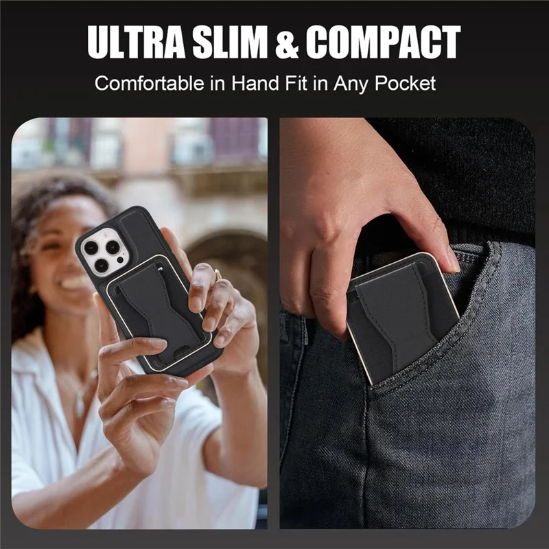 For iPhone 16 Pro Max Magnetic Case with Detachable Card Holder Kickstand TPU + PU Back Cover Compatible with MagSafe - Black