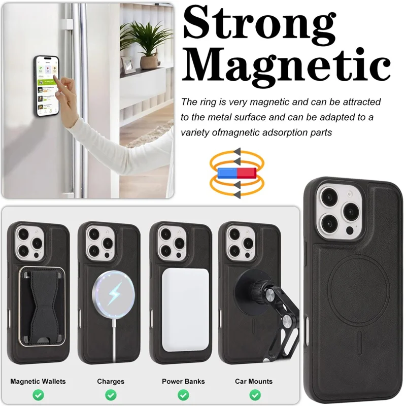 For iPhone 16 Pro Max Magnetic Case with Detachable Card Holder Kickstand TPU + PU Back Cover Compatible with MagSafe - Black