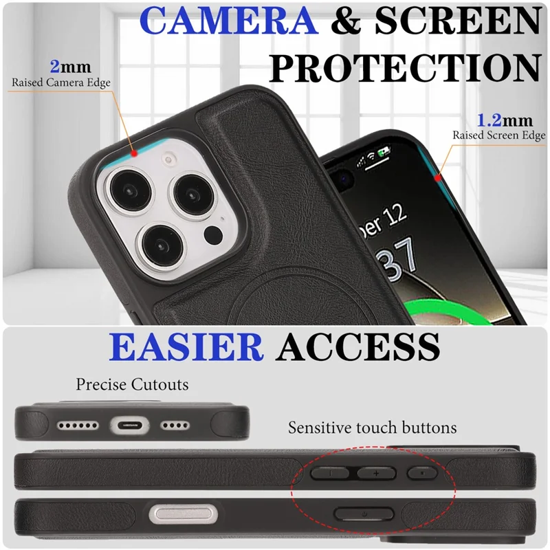 For iPhone 16 Pro Max Magnetic Case with Detachable Card Holder Kickstand TPU + PU Back Cover Compatible with MagSafe - Black
