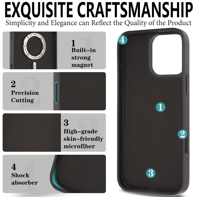 For iPhone 16 Pro Max Magnetic Case with Detachable Card Holder Kickstand TPU + PU Back Cover Compatible with MagSafe - Black