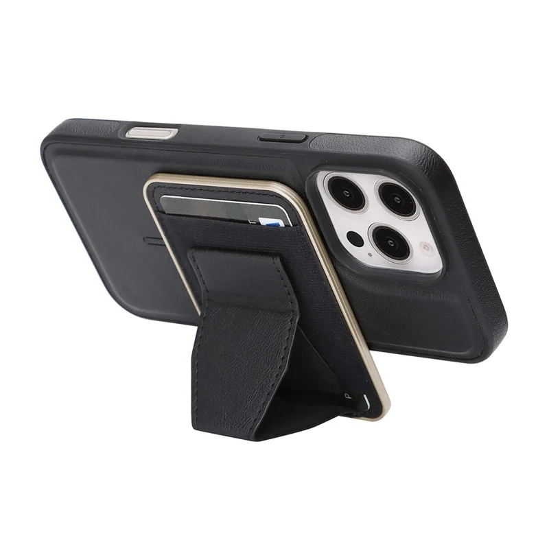 For iPhone 16 Pro Max Magnetic Case with Detachable Card Holder Kickstand TPU + PU Back Cover Compatible with MagSafe - Black