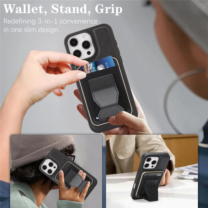 For iPhone 16 Pro Max Magnetic Case with Detachable Card Holder Kickstand TPU + PU Back Cover Compatible with MagSafe - Black