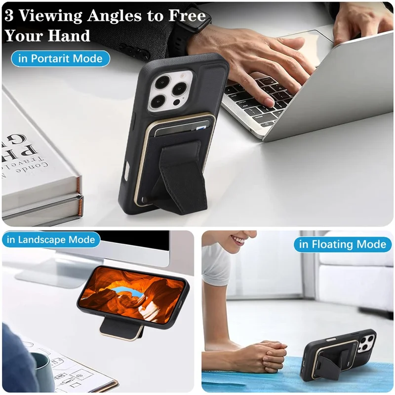 For iPhone 16 Pro Max Magnetic Case with Detachable Card Holder Kickstand TPU + PU Back Cover Compatible with MagSafe - Black