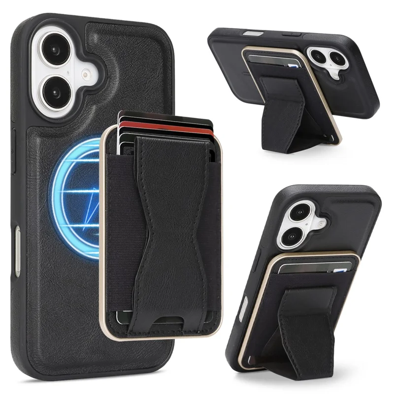 For iPhone 16 Magnetic Case with Detachable Card Holder Kickstand TPU + PU Back Cover Compatible with MagSafe - Black