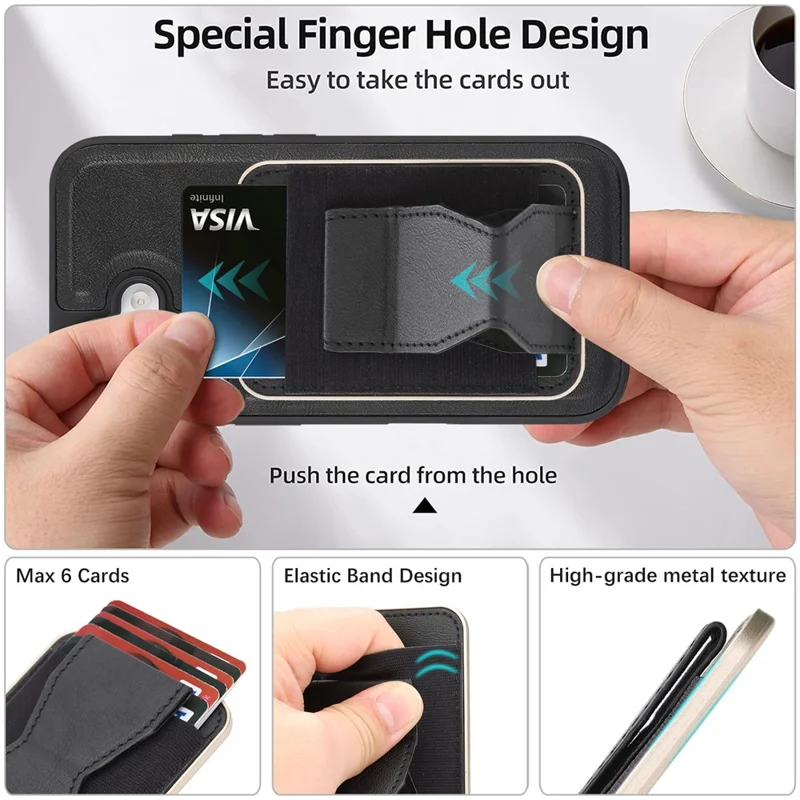 For iPhone 16 Magnetic Case with Detachable Card Holder Kickstand TPU + PU Back Cover Compatible with MagSafe - Black