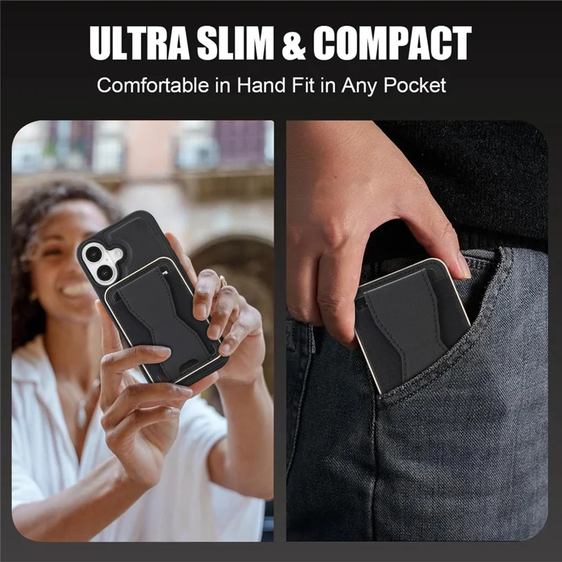 For iPhone 16 Magnetic Case with Detachable Card Holder Kickstand TPU + PU Back Cover Compatible with MagSafe - Black