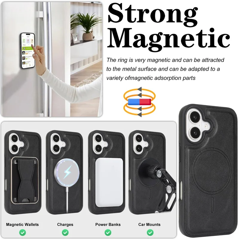 For iPhone 16 Magnetic Case with Detachable Card Holder Kickstand TPU + PU Back Cover Compatible with MagSafe - Black