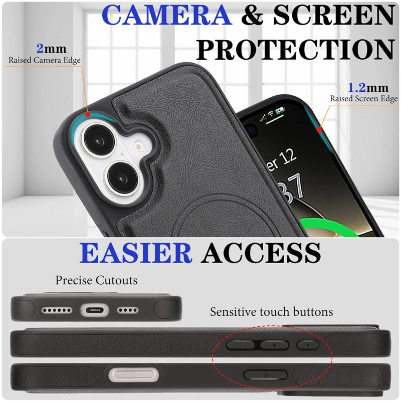 For iPhone 16 Magnetic Case with Detachable Card Holder Kickstand TPU + PU Back Cover Compatible with MagSafe - Black
