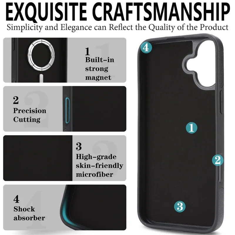 For iPhone 16 Magnetic Case with Detachable Card Holder Kickstand TPU + PU Back Cover Compatible with MagSafe - Black