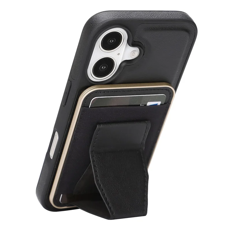 For iPhone 16 Magnetic Case with Detachable Card Holder Kickstand TPU + PU Back Cover Compatible with MagSafe - Black